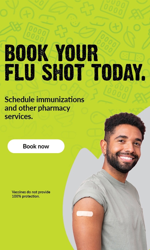 Text Reading " Book your flu shots today, Schedule Immunizations and other pharmacy services." Click on book now button to book the vaccine.