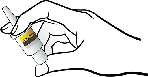 illustration of hand showing use of Baqsimi to treat low blood glucose